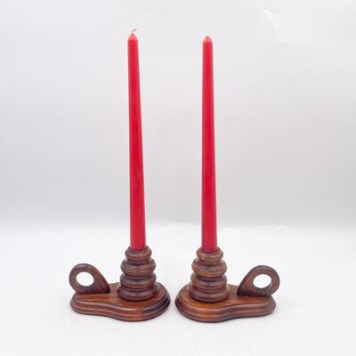 WOODEN CANDLESTICKS & RED CANDLES SET OF 2