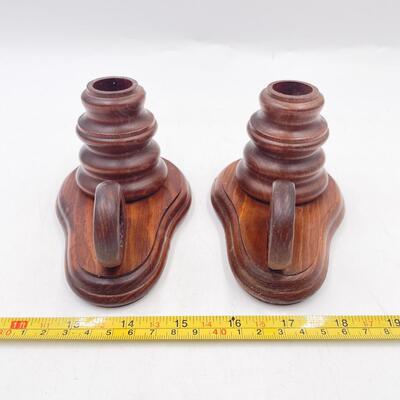 WOODEN CANDLESTICKS & RED CANDLES SET OF 2