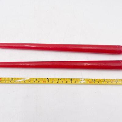 WOODEN CANDLESTICKS & RED CANDLES SET OF 2