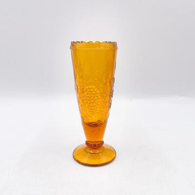 VINTAGE 6â€ AMBER FOOTED VASE W/GRAPE DESIGN