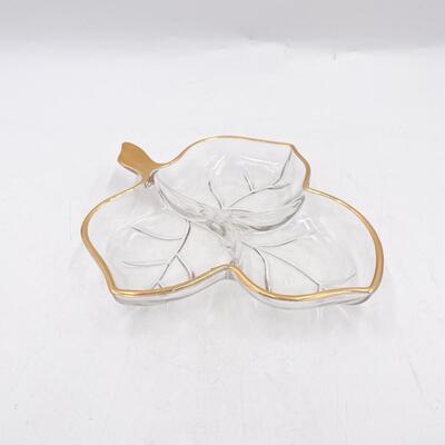 VINTAGE GOLD RIMMED GLASS DIVIDED LEAF TRAY
