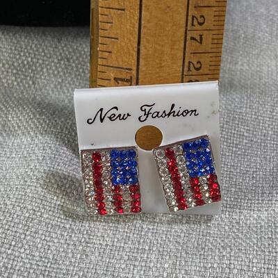 Small Rhinestone American Flag Patriotic Earrings