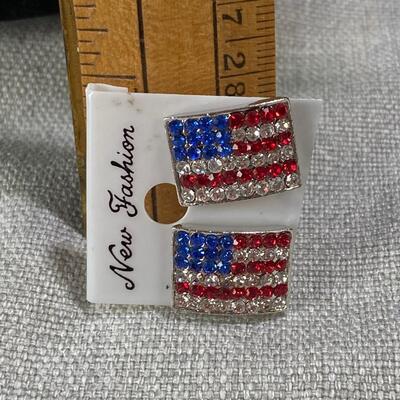 Small Rhinestone American Flag Patriotic Earrings