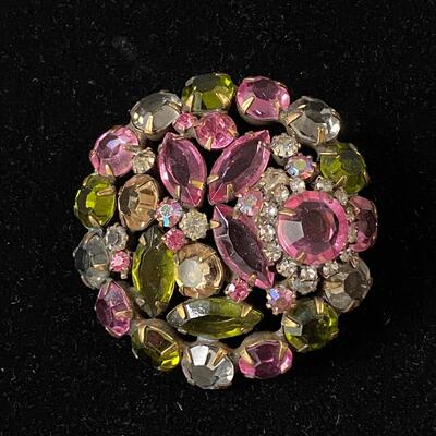 Vintage Round Pink & Green AB Rhinestone Brooch Pin
