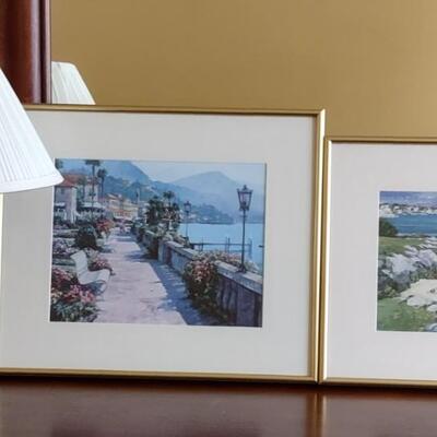 355: Polished Brass Swing Arm Table Lamp & 2 Pieces of Wall Art