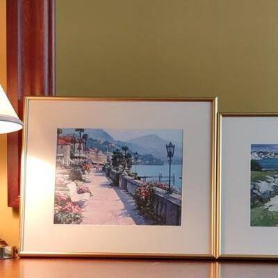355: Polished Brass Swing Arm Table Lamp & 2 Pieces of Wall Art