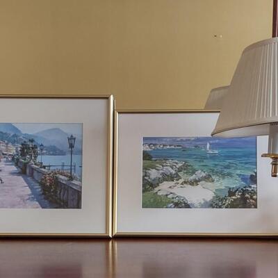 355: Polished Brass Swing Arm Table Lamp & 2 Pieces of Wall Art