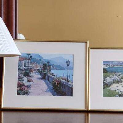 355: Polished Brass Swing Arm Table Lamp & 2 Pieces of Wall Art