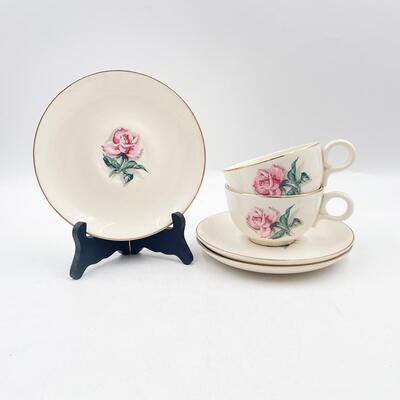 TAYLOR SMITH TAYLOR VERSATILE CHINA PINK ROSE TEACUPS (2) & SAUCERS (3)