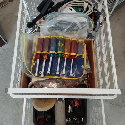 Lot 383: Rolling Wire 2 Drawer Cart With Tools, Clamps, A Tool Kit & More