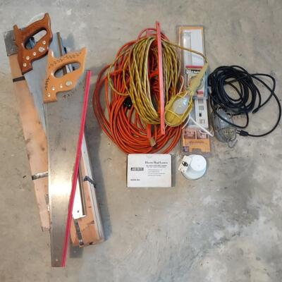 Lot 387: Craftsman Hand Saws, Saw Horses, Work Lights, & More