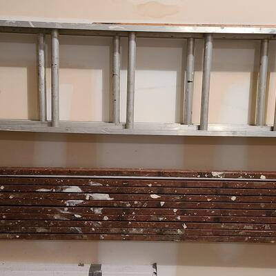 Lot 389: Aluminum Extension Ladder and Wood Scaffolding