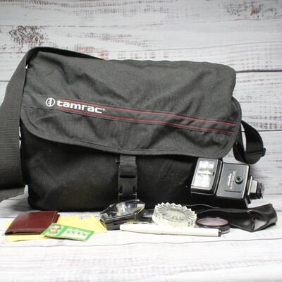 Retro Tamrac Camera Bag with Miscellaneous Lenses Glass, Flash Attachment, & More