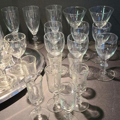 Lot 501: Vintage Steel Cocktail Tray, Martini Bell, and Etched Cordials