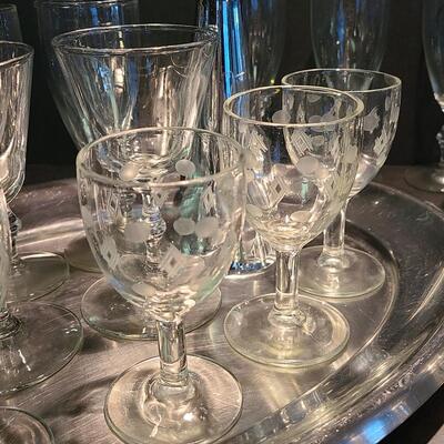 Lot 501: Vintage Steel Cocktail Tray, Martini Bell, and Etched Cordials
