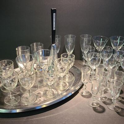 Lot 501: Vintage Steel Cocktail Tray, Martini Bell, and Etched Cordials