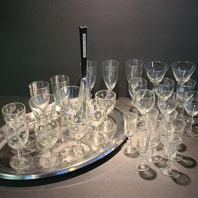 Lot 501: Vintage Steel Cocktail Tray, Martini Bell, and Etched Cordials