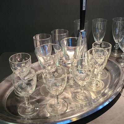 Lot 501: Vintage Steel Cocktail Tray, Martini Bell, and Etched Cordials