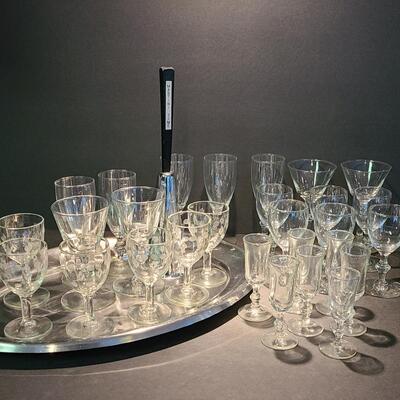 Lot 501: Vintage Steel Cocktail Tray, Martini Bell, and Etched Cordials