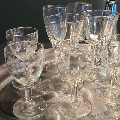 Lot 501: Vintage Steel Cocktail Tray, Martini Bell, and Etched Cordials