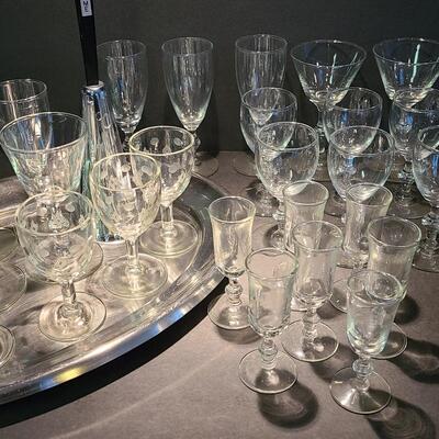 Lot 501: Vintage Steel Cocktail Tray, Martini Bell, and Etched Cordials