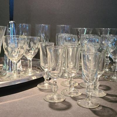 Lot 501: Vintage Steel Cocktail Tray, Martini Bell, and Etched Cordials