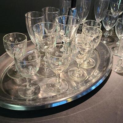 Lot 501: Vintage Steel Cocktail Tray, Martini Bell, and Etched Cordials