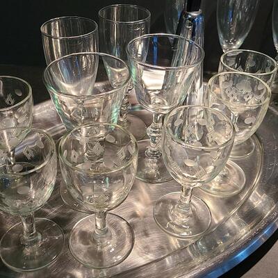 Lot 501: Vintage Steel Cocktail Tray, Martini Bell, and Etched Cordials