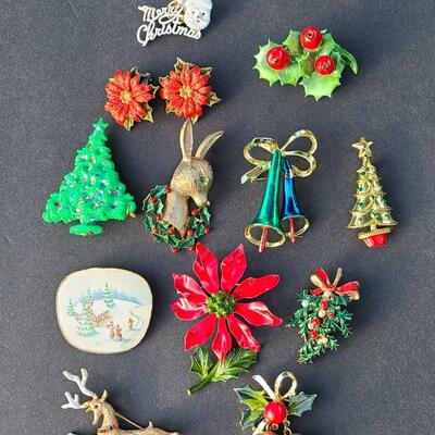 Lot 501: Vintage Holiday Brooches: Rudolph, Santa, Poinsettia and More