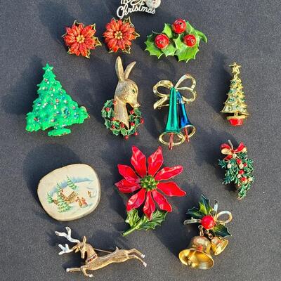 Lot 501: Vintage Holiday Brooches: Rudolph, Santa, Poinsettia and More
