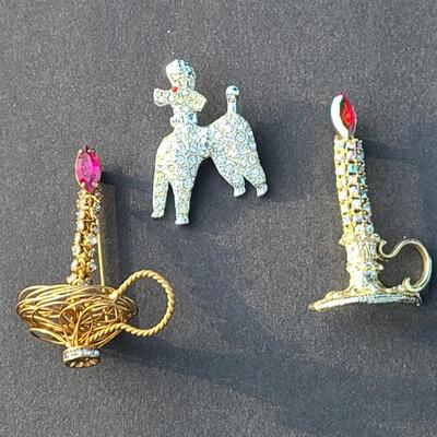 Lot 411: Vintage Rhinestone Poodle and Candlestick Brooches