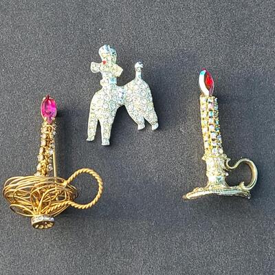 Lot 411: Vintage Rhinestone Poodle and Candlestick Brooches