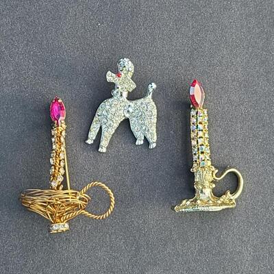Lot 411: Vintage Rhinestone Poodle and Candlestick Brooches