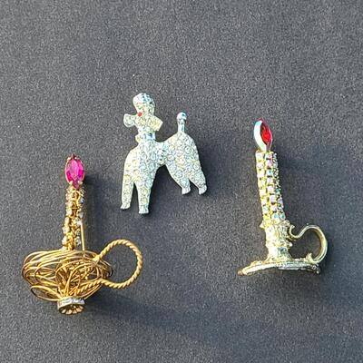 Lot 411: Vintage Rhinestone Poodle and Candlestick Brooches