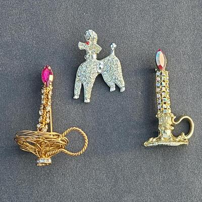 Lot 411: Vintage Rhinestone Poodle and Candlestick Brooches