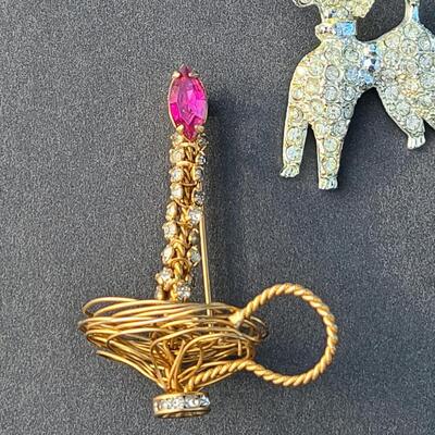 Lot 411: Vintage Rhinestone Poodle and Candlestick Brooches