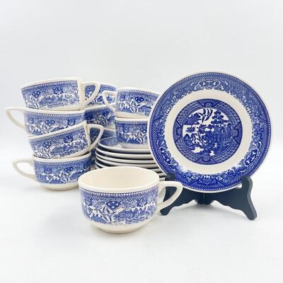 ROYAL CHINA BLUE WILLOW WARE TEACUPS (11) & SAUCERS (9)