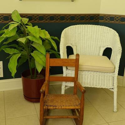 Lot 405: White Natural Wicker Chair, Childs Rocking Chair and More