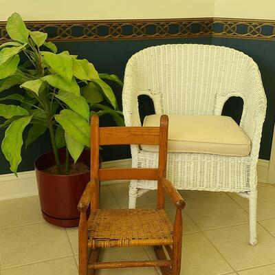 Lot 405: White Natural Wicker Chair, Childs Rocking Chair and More