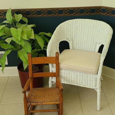 Lot 405: White Natural Wicker Chair, Childs Rocking Chair and More