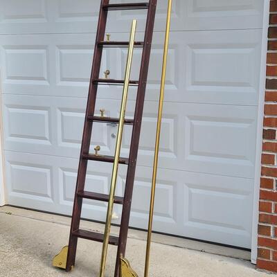 Lot 394: Rolling Library Ladder w/Brass Hardware and Bar
