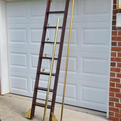 Lot 394: Rolling Library Ladder w/Brass Hardware and Bar