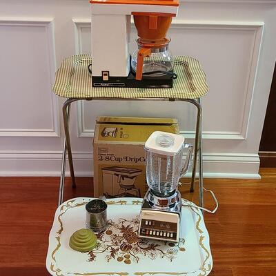 Lot 505: Vintage MCM Kitchen Lot: Metal Serving Trays, Coffee Maker, Chrome Blender and More