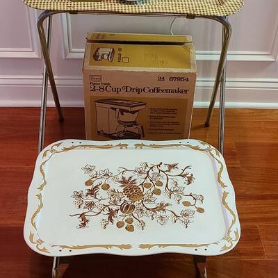 Lot 505: Vintage MCM Kitchen Lot: Metal Serving Trays, Coffee Maker, Chrome Blender and More