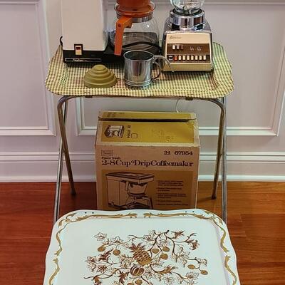 Lot 505: Vintage MCM Kitchen Lot: Metal Serving Trays, Coffee Maker, Chrome Blender and More