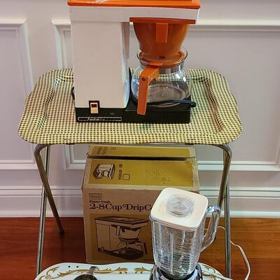 Lot 505: Vintage MCM Kitchen Lot: Metal Serving Trays, Coffee Maker, Chrome Blender and More