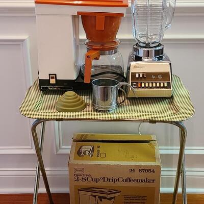 Lot 505: Vintage MCM Kitchen Lot: Metal Serving Trays, Coffee Maker, Chrome Blender and More