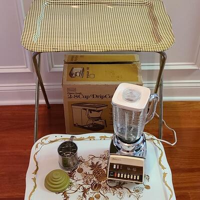 Lot 505: Vintage MCM Kitchen Lot: Metal Serving Trays, Coffee Maker, Chrome Blender and More