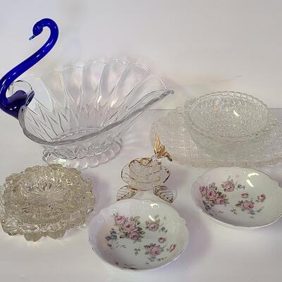 Lot 429: Blue Neck Swan Glass Server & Dainty Vintage Glass