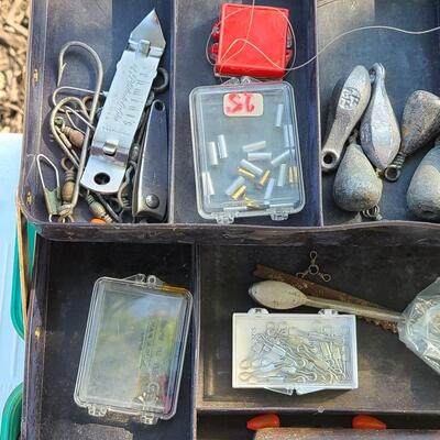 Lot 421: Vintage Fishing Supplies: Igloo Fishing Cooler, New Salt Water Reel and More